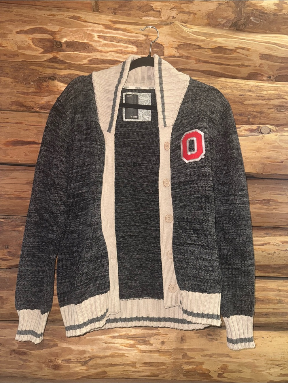 Shawl Collar Button Cardigan Sweater in Charcoal with Cream Trim